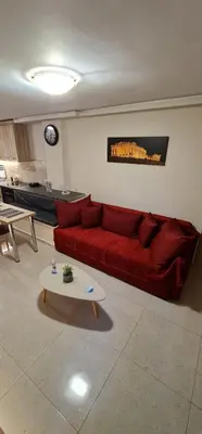 a living room with a red couch and a table at M&S Apartments Athens in Athens
