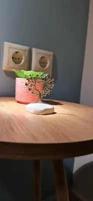 a wooden table with a vase on top of it at M&S Apartments Athens in Athens