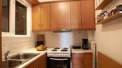 a small kitchen with a stove and a sink at Modern Apartment in Cholargos in Athens