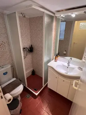a bathroom with a shower and a toilet and a sink at Sunny Athens in Athens