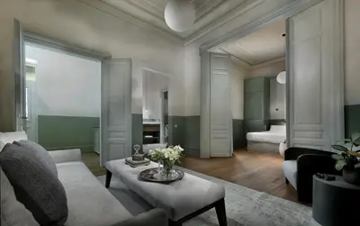 a living room with a couch and a table at Exquisite Athens Apartment 1 Bedroom Apartment Metalicana Balcony in Athens