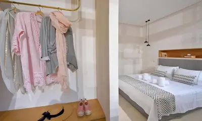 two pictures of a bedroom with a bed and clothes at Delightful Athens Villa 1 Bedroom Villa Toshiro Thissio View in Athens
