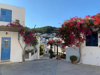 a street in a town with flowers on the buildings at Charming Athens Villa 1 Bedroom Villa Kyoraku Panoramic Acropolis View in Athens