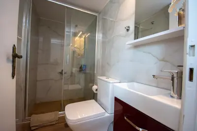 a bathroom with a shower and a toilet and a sink at Birdhouse Apartment Athens in Athens