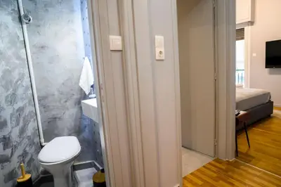 a bathroom with a toilet and a shower in a room at Seaview Orchid 2 bed Elegance in Athens