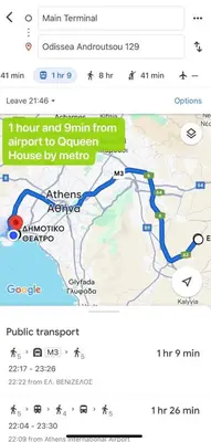 a map of the route of a train at Qqueen House in Piraeus