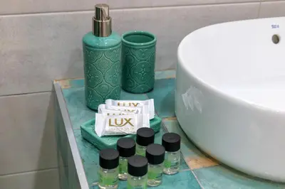 a bathroom with a sink and some bottles on a counter at Peaceful Private Bungalow VIPGreece in Athens