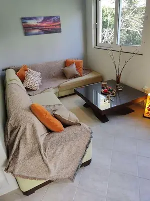 a living room with a couch and a coffee table at Lefkothea's house in Athens