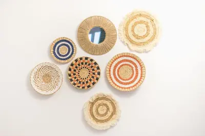 a group of straw hats on a white background at Kastela's Harbor Retreat with Jacuzzi in Piraeus