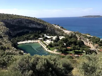 an aerial view of a small island in the ocean at EMERALD LAKE RESIDENCE in Athens