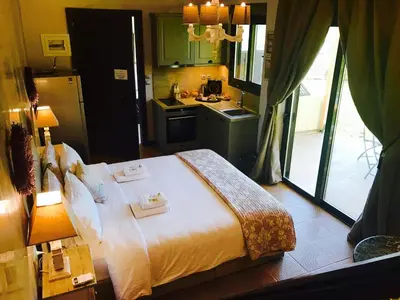 a bedroom with a large bed and a kitchen at Villa Vravrona Tower & Suites in Markopoulo