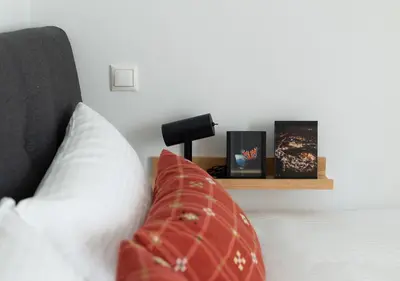 a bed with a red pillow and a shelf with books at Elegant Apt 50meters Close Acropolis in Athens