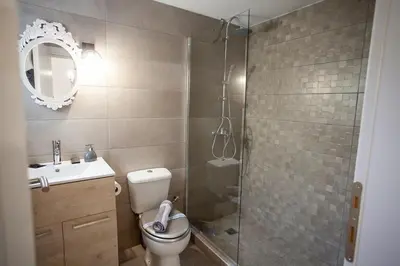 a bathroom with a shower and a toilet and a sink at Ifaistos Luxury flat Psyrri square in Athens
