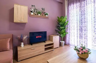 a living room with a tv on a stand with plants at Sweet home in Zografou in Athens