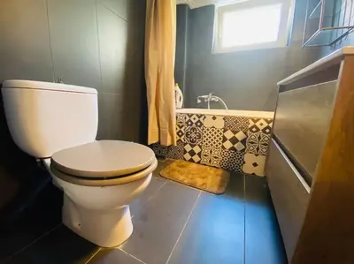 a bathroom with a white toilet and a shower at \u5730\u94c1\u7ad9\u65c1\uff0c\u514d\u8d39\u505c\u8f66\uff0c\u5b89\u9759\u8212\u9002\u8857\u533a\uff0c\u7cbe\u54c1\u4e24\u5367\u5ba4\u5927\u9732\u53f0\u516c\u5bd3\uff0c\u6cbb\u5b89\u597d in Athens