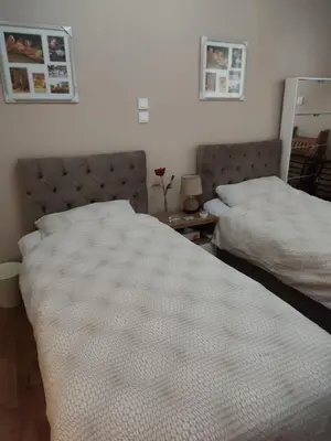 two beds sitting next to each other in a bedroom at Fully furnished apartment in the heart of Athens in Athens