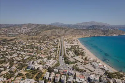 an aerial view of a beach and the ocean at Athenian Riviera Penthouse Apartment in Varkiza