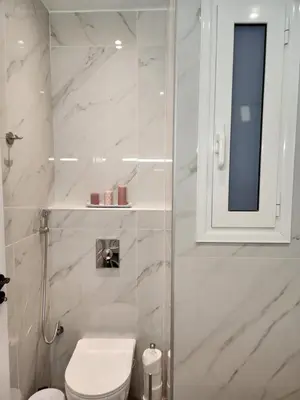 a white bathroom with a toilet and a shower at Bachelor Penthouse with Roof Garden access, 15 m walk to Acropolis in Athens
