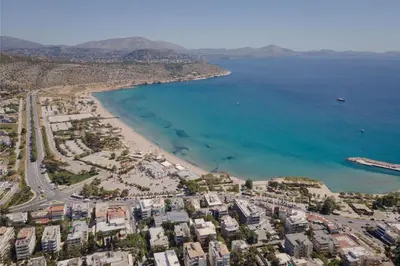 an aerial view of a beach and the ocean at Varkiza Seaside Apartment in Vari