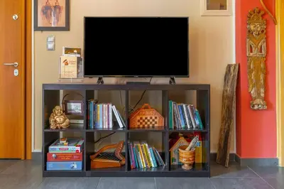 a flat screen tv on a shelf with books at The HostMaster Ethnic Touch Feel Studio in Athens
