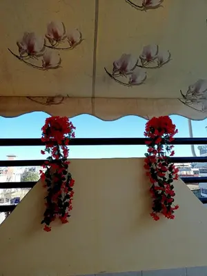 a window with red and white flowers on the wall at Myilios Leisure Piraeus by Ilios Company in Piraeus