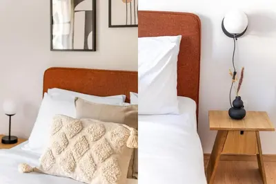 two pictures of a bedroom with a bed and a lamp at Koukaki 2BR Apartment by UPSTREET in Athens