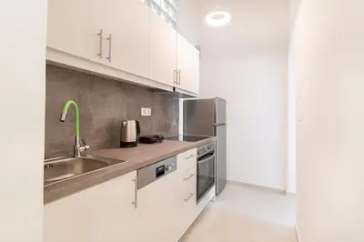 a kitchen with white cabinets and stainless steel appliances at The HostMaster Ethereal Scene in Athens