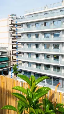 a tall white building with a plant in front of it at Cozy Apartment in Athens Center in Athens