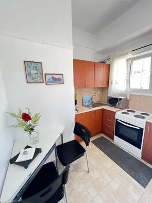 a kitchen with a table and chairs and a stove at Cozy apartment with big veranda near Athens centre and metro tram in Athens