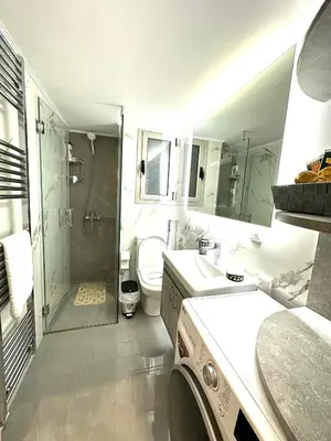 a bathroom with a sink and a toilet and a shower at Modern home in Athens