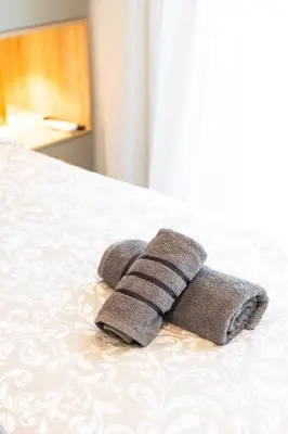 a pair of towels sitting on top of a bed at Alkis Luxury By Greece Apartments in Athens