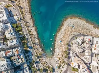 an aerial view of a beach and the water at Apartment with terrace in Piraiki in Piraeus