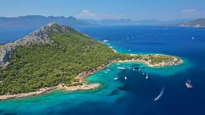 an aerial view of a island with boats in the water at Apartment with terrace in Piraiki in Piraeus