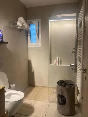 a bathroom with a toilet and a shower and a trash can at Miliannas in Athens