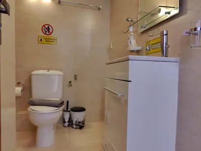 a bathroom with a toilet and a sink at Finikas Spata Holiday Apartment in Spáta