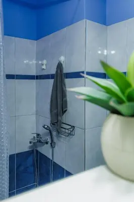 a bathroom with a shower with blue and white tiles at Olive House close to Acropolis in Athens