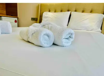 a towel animal is laying on a bed at Port Twins Suites No2 in Piraeus