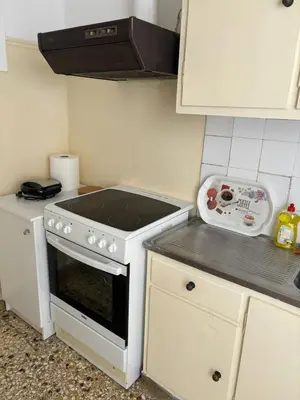 a kitchen with a stove top oven in a kitchen at Комната с общей баней karolou 10 in Athens