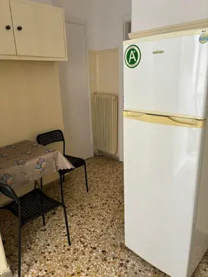 a white refrigerator in a room with a table and chairs at Комната с общей баней karolou 10 in Athens