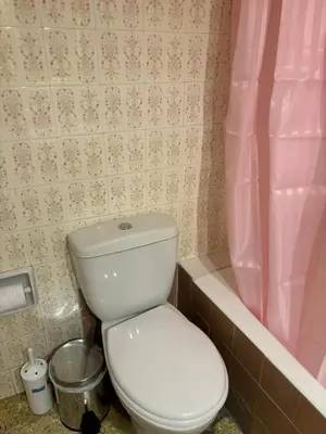 a bathroom with a toilet and a pink shower curtain at Комната с общей баней karolou 10 in Athens