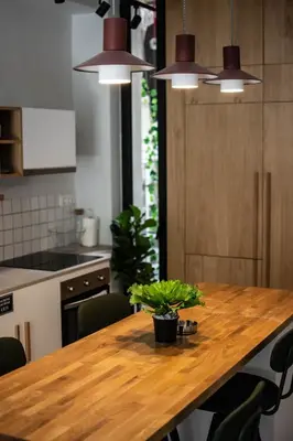 a kitchen with a wooden table with a potted plant on it at ARIS Central Athens in Athens