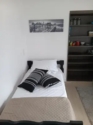 a bed with black and white pillows on it at Athens LUXURY STUDIO 1 in Athens