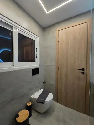 a bathroom with a toilet and a wooden door at Órrhaon Athens in Athens