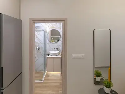 a bathroom with a mirror and a sink at Formionos95 in Athens