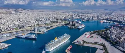 an aerial view of a harbor with boats in the water at ROYAL BLUE GRAND Suite No 4 Piraeus Port in Piraeus