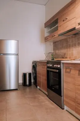 a kitchen with a stainless steel refrigerator and a dishwasher at Charming Apartment in Keramikos in Athens