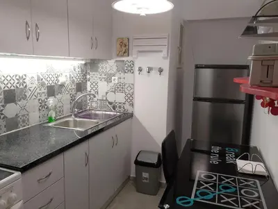 a small kitchen with a sink and a refrigerator at Kipseli house in Athens