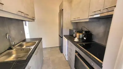 a kitchen with a sink and a stainless steel refrigerator at Veta's Luxury apartment near the beach. in Lagonissi