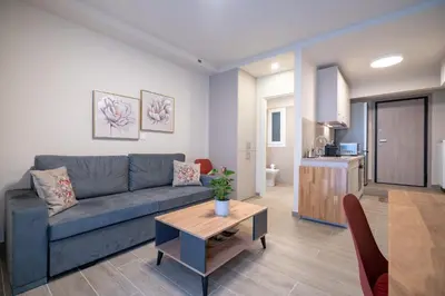 a living room with a couch and a table at Ilisia 2 person apartment by MPS in Athens