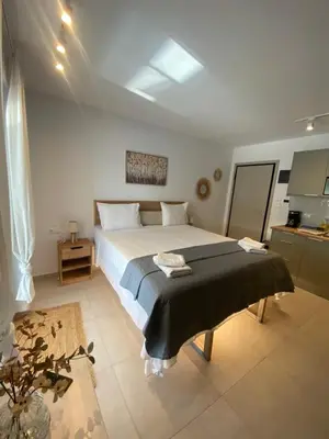 a bedroom with a large bed with a black blanket at Aphrodite Suite byArtistUnknown in Vari